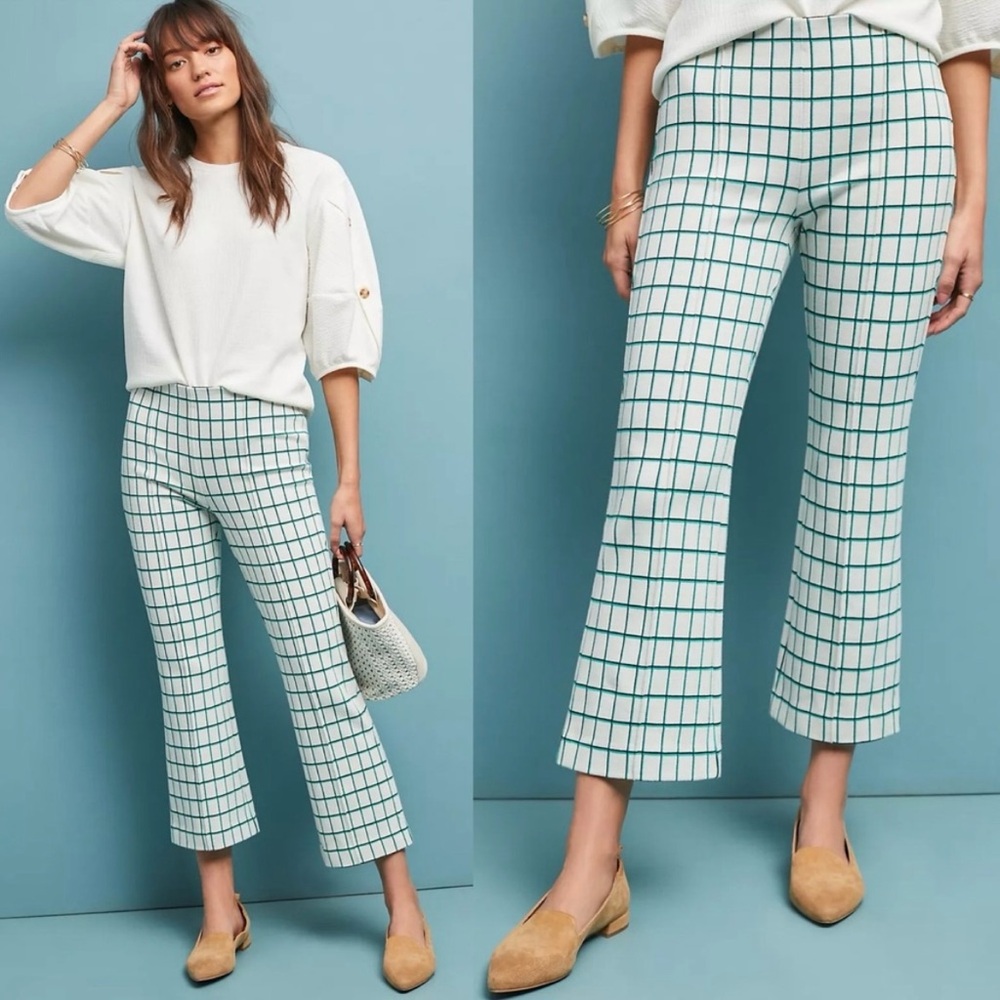 Anthropologie The Essential Crop Flare Windowpane Pant Sz-S Grandmillennial Mod